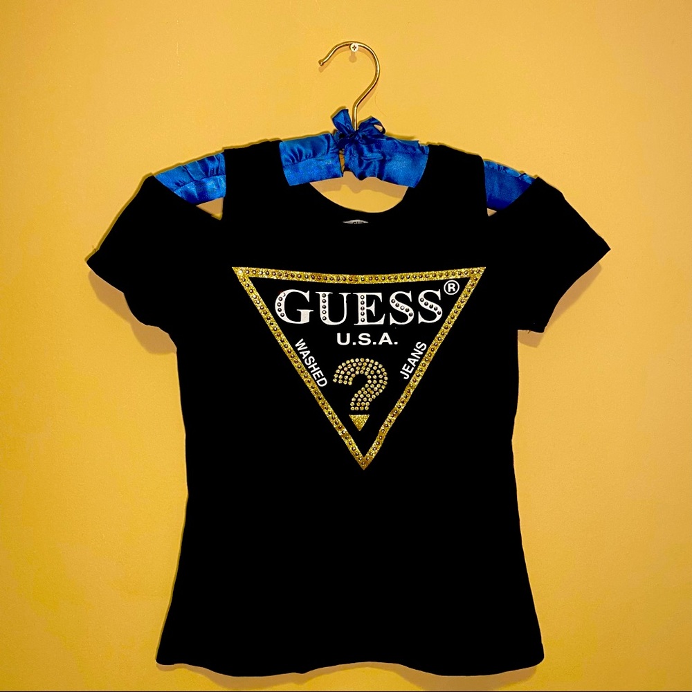Guess Kids Girls Size 10/12 Off the Shoulder Gold & Black Shirt